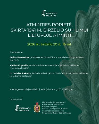 Kretingos muziejuje vyks Atminties popietė, skirta Birželio sukilimui paminėti Kretingos muziejuje vyks Atminties popietė, skirta Birželio sukilimui paminėti