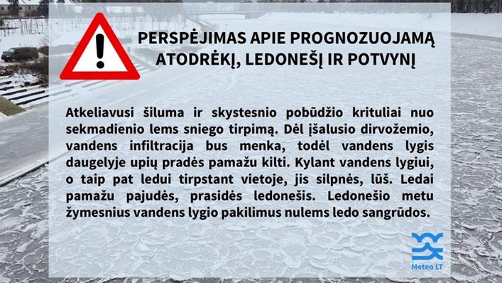 Perspėjimas apie prognozuojamą atodrėkį, ledonešį ir potvynį